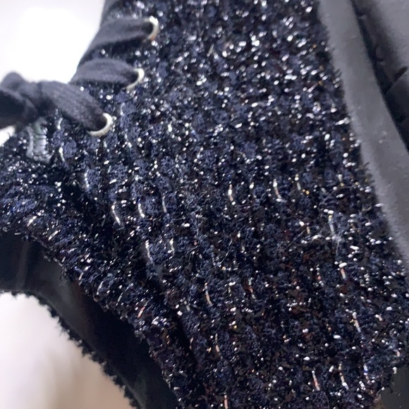 CHANEL CC BLACK METALLIC Shimmer tweed lace-up sneakers women’s size 37 shoes - Picture 10 of 14